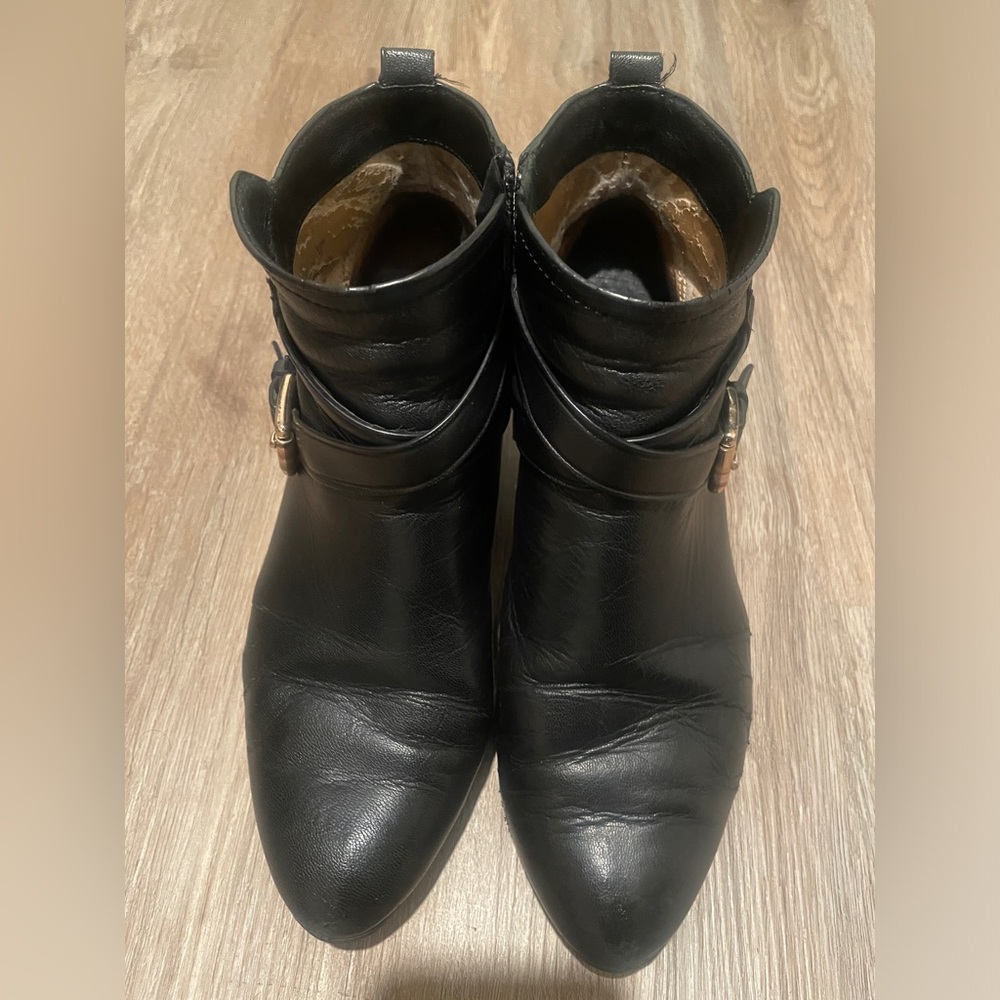 COACH-Black Leather Ankle Booties with gold Coach logo